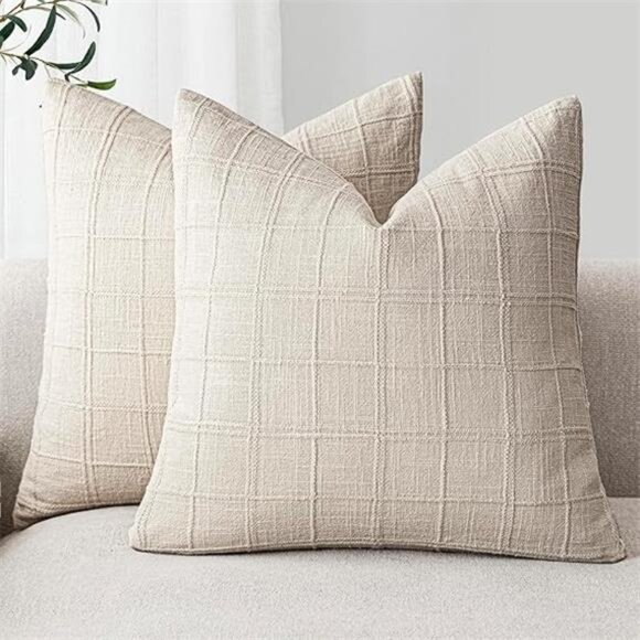 Set of 2 Decorative Linen Check Throw Pillow Covers Neutral - Picture 8 of 8